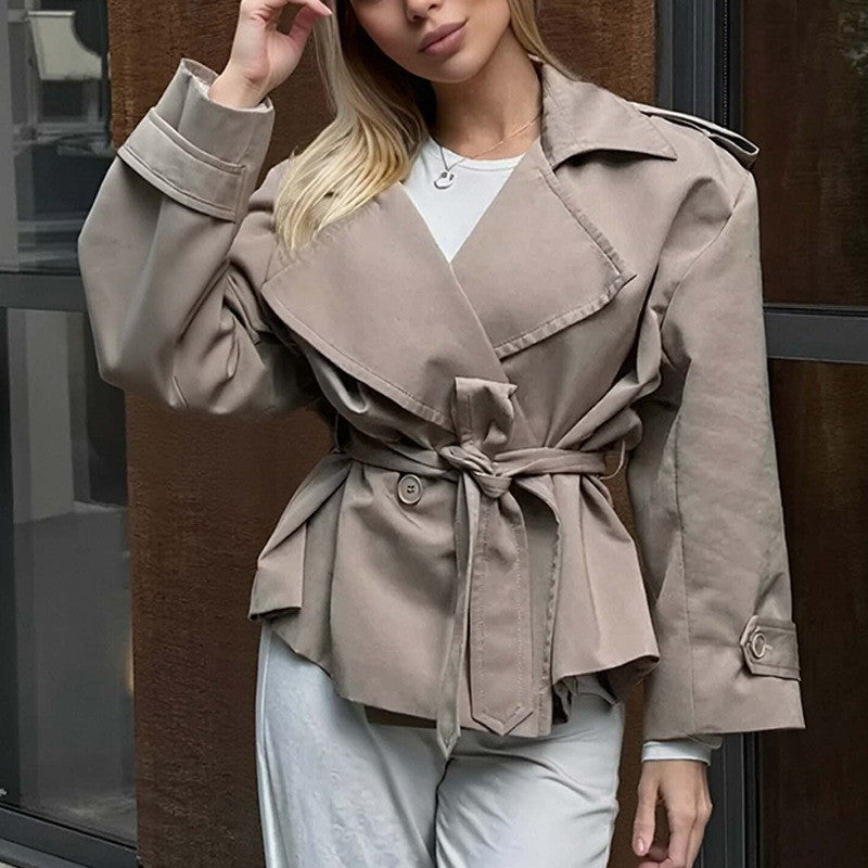 Oversized Wide Lapel Belted Cropped Trench Jacket