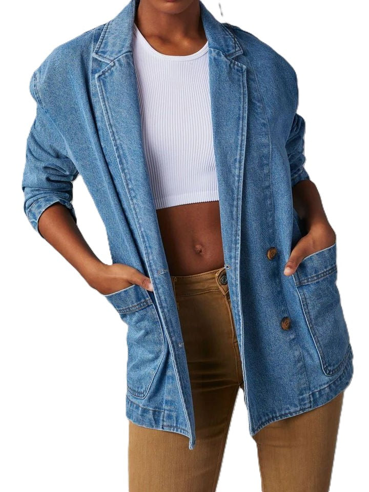 Oversized Denim Blazer Jacket with Notch Lapels - Blue