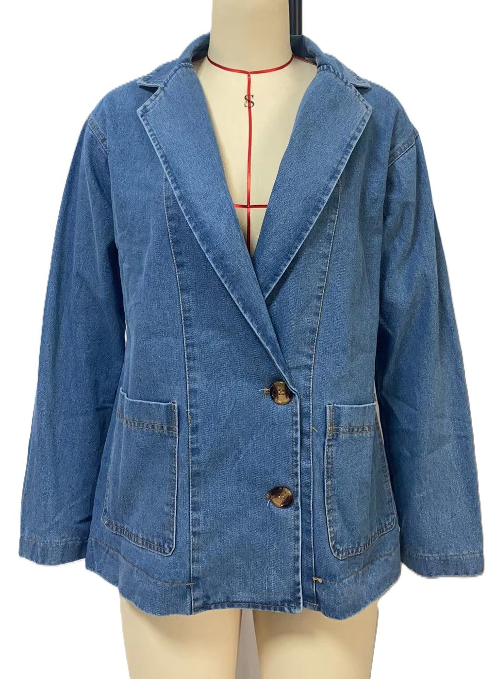 Oversized Denim Blazer Jacket with Notch Lapels - Blue - 1