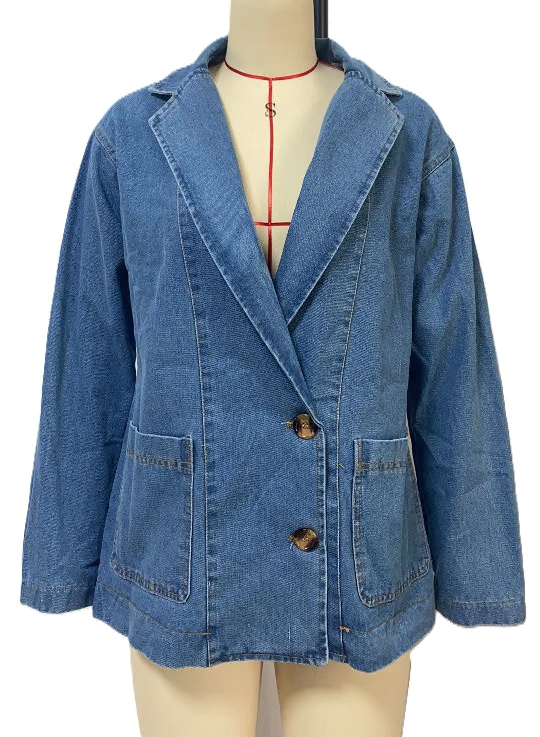 Oversized Denim Blazer Jacket with Notch Lapels - Blue - 1
