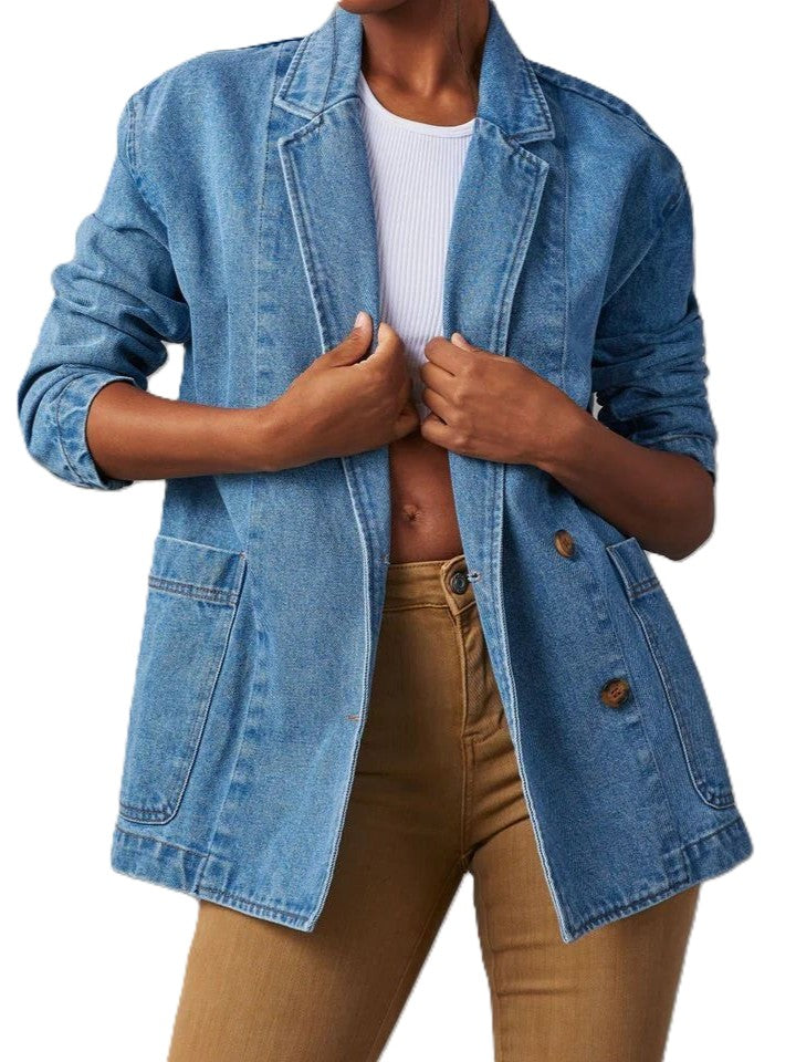 Oversized Denim Blazer Jacket with Notch Lapels - Blue - 2