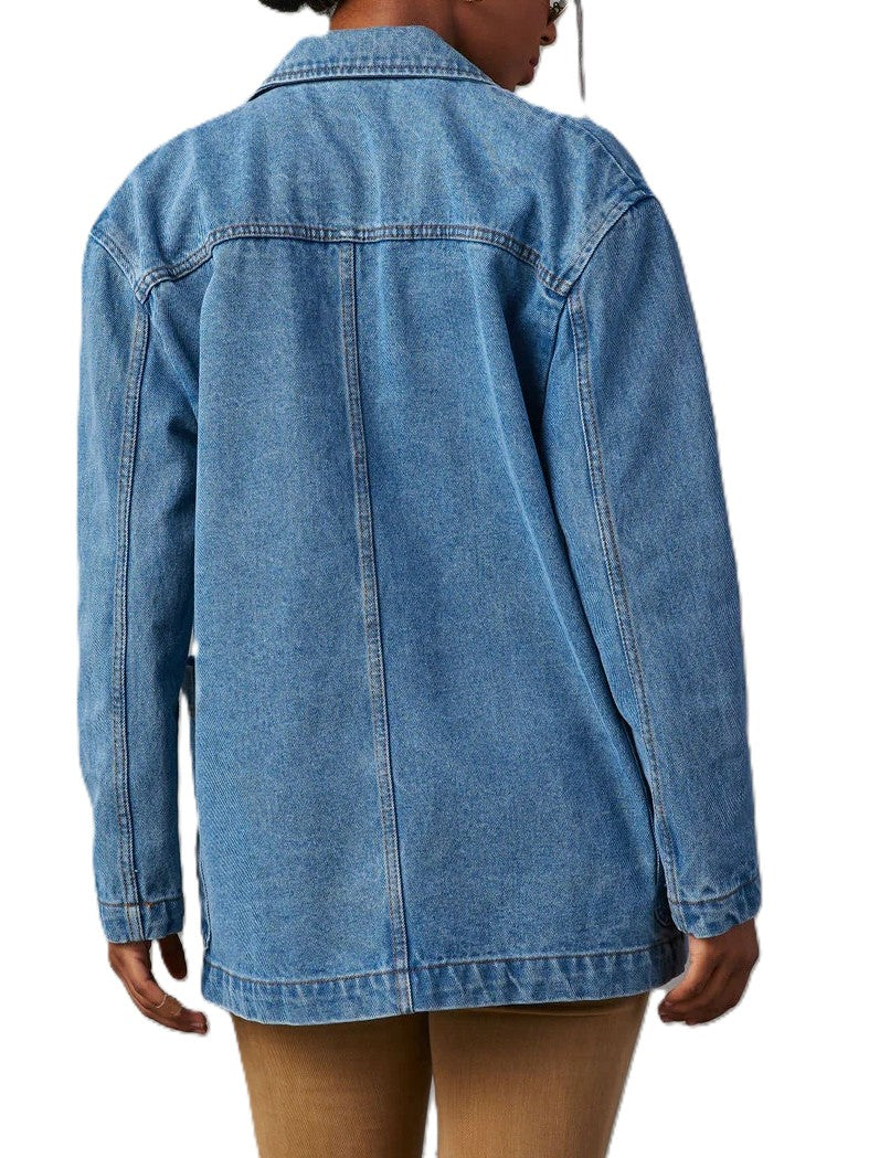 Oversized Denim Blazer Jacket with Notch Lapels - Blue - 3