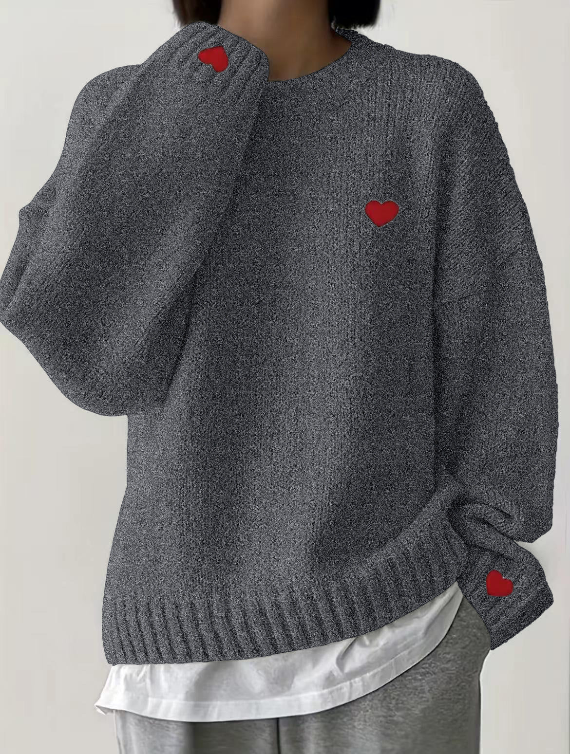Heart Embroidered Slouchy Crewneck Knit Sweater - Grey