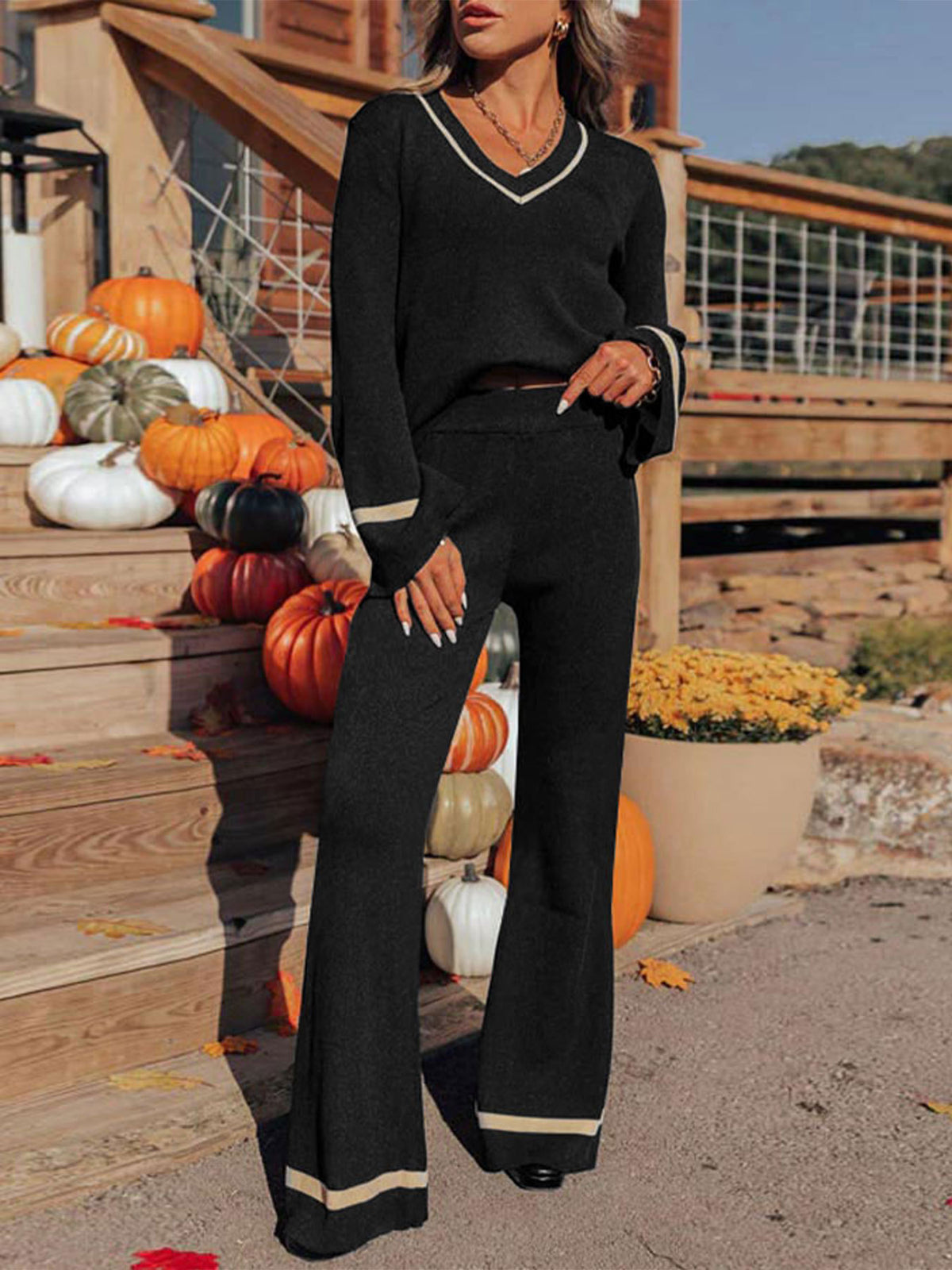 Contrast Trim V Neck Wide Leg Set - Black