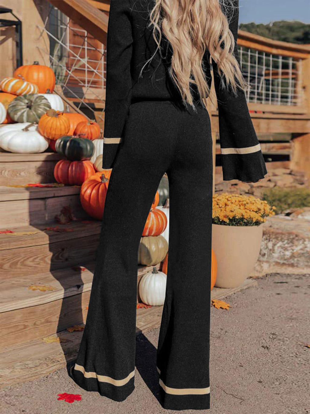 Contrast Trim V Neck Wide Leg Set - Black - 3