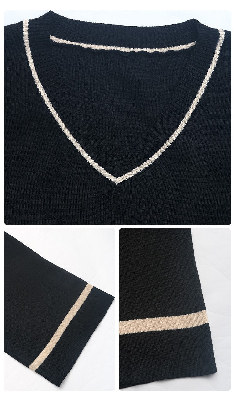 Contrast Trim V Neck Wide Leg Set - Black - 4