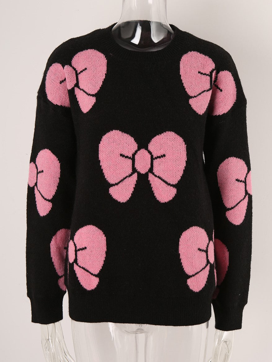 Coquette Ribbon Motif Crewneck Sweater - Black - 1