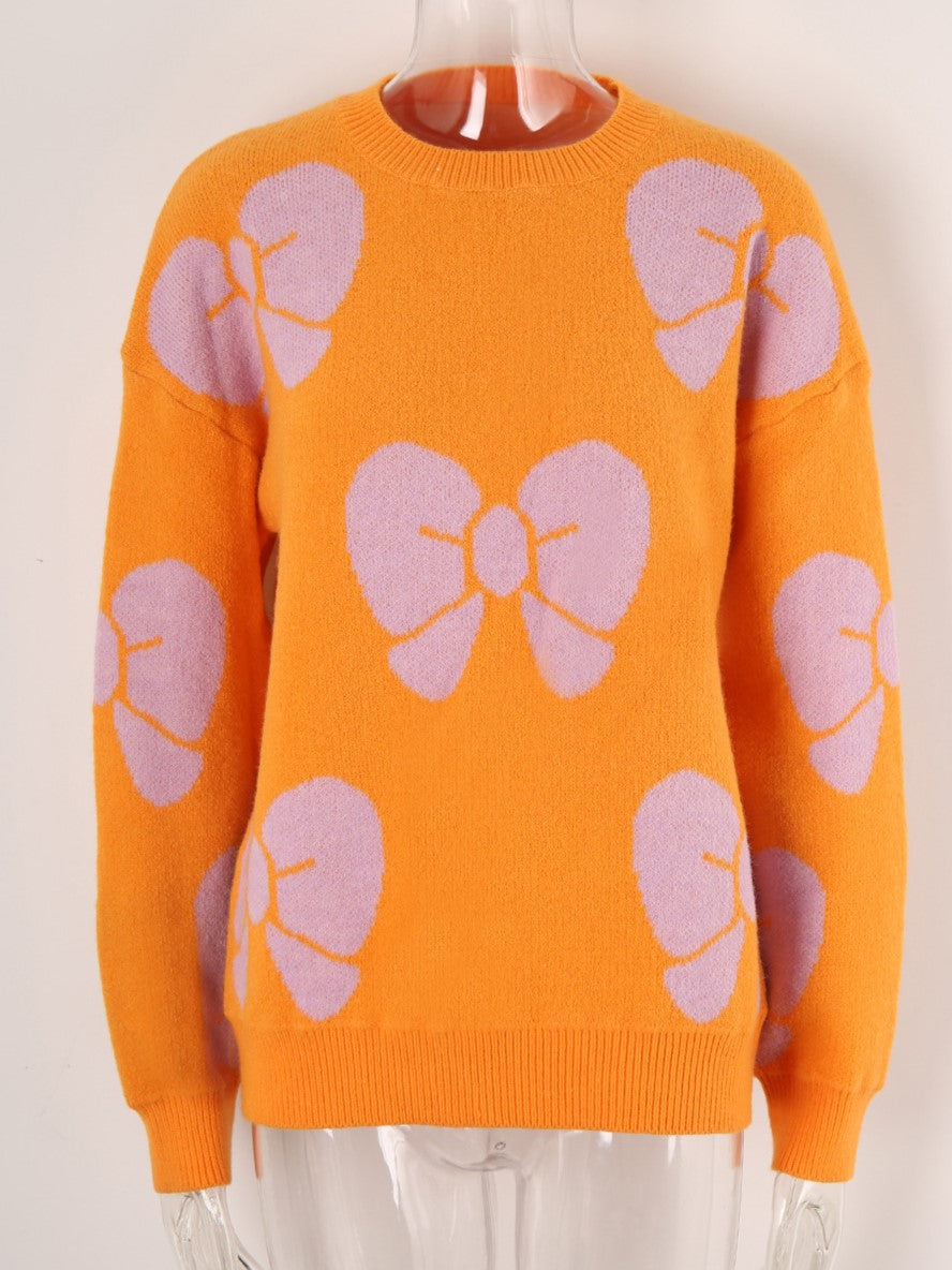 Coquette Ribbon Motif Crewneck Sweater - Orange