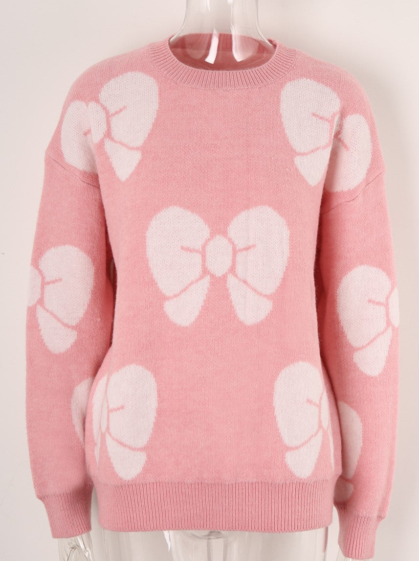 Coquette Ribbon Motif Crewneck Sweater - Pink - 2
