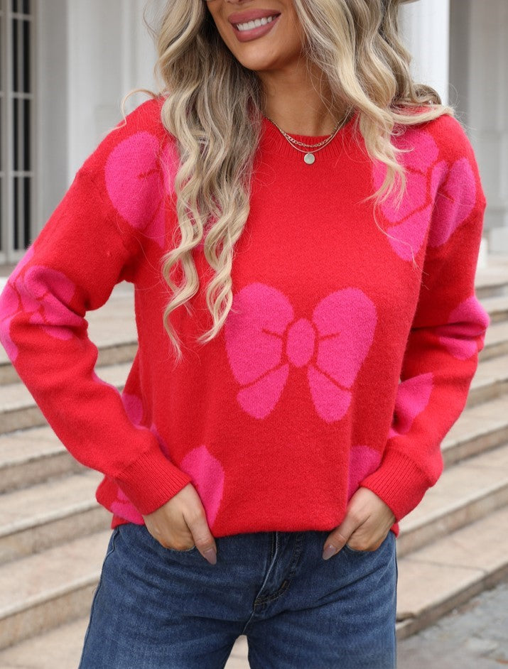 Coquette Ribbon Motif Crewneck Sweater - Red - 1