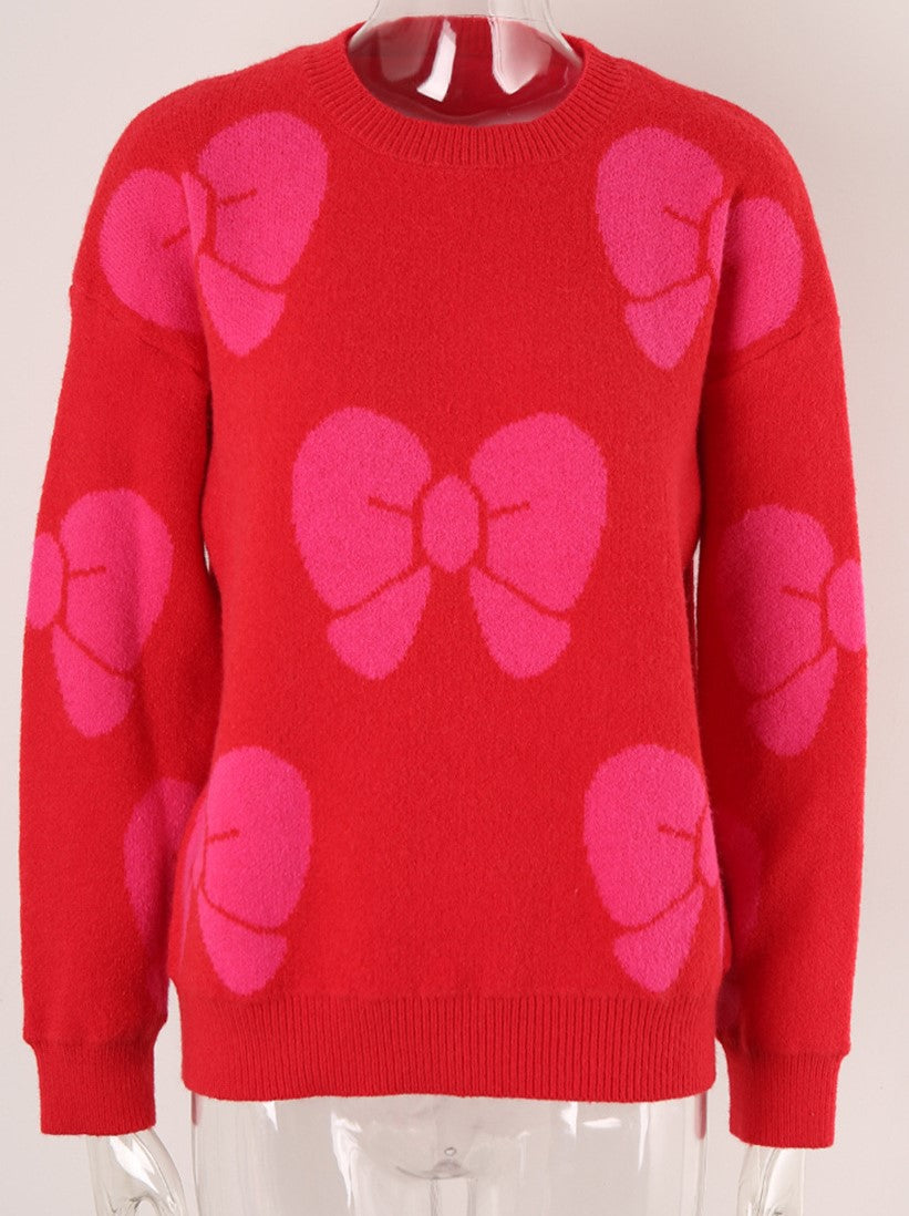Coquette Ribbon Motif Crewneck Sweater - Red - 2