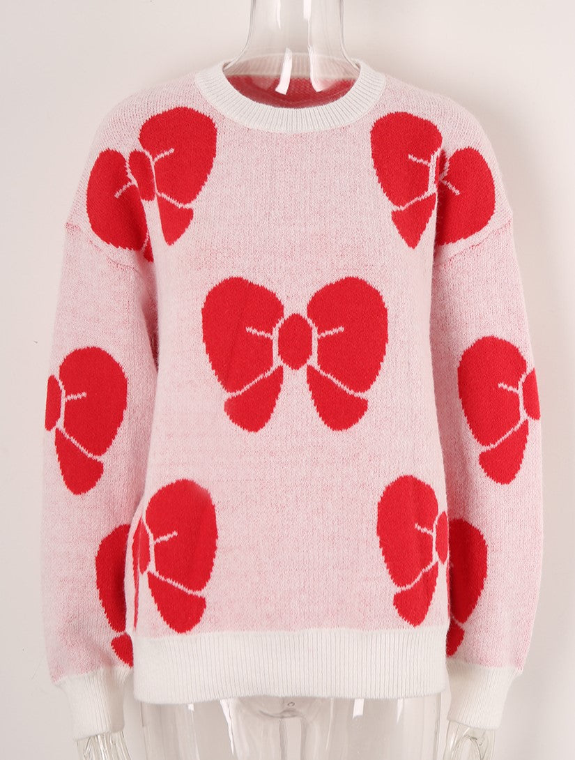 Coquette Ribbon Motif Crewneck Sweater - White - 1