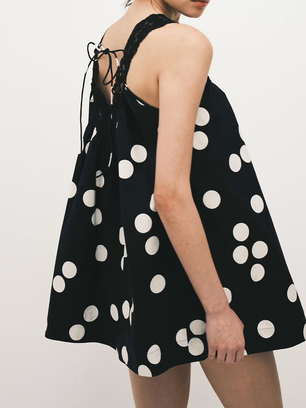 Polka Dot Babydoll Mini Dress With Tie Back - Black - 3