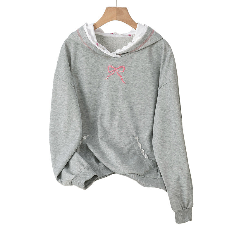 Coquette Bow Embroidered Lace Edge Hoodie - Grey - 1