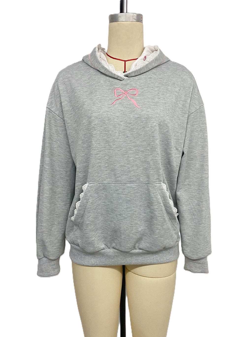 Coquette Bow Embroidered Lace Edge Hoodie - Grey - 2