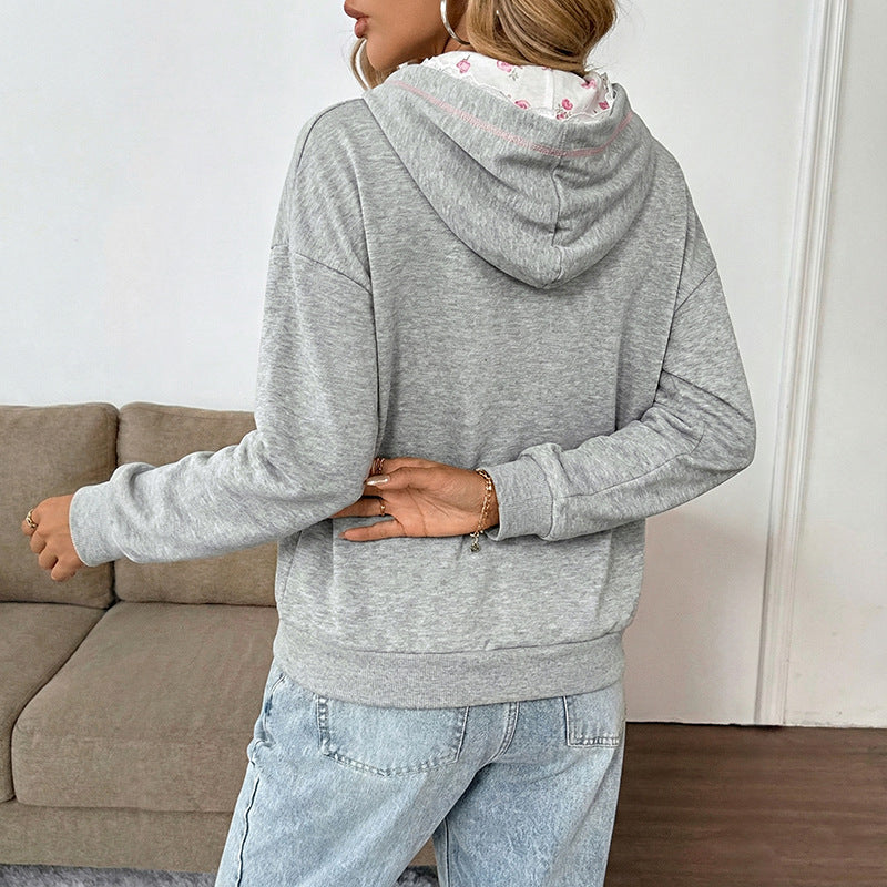 Coquette Bow Embroidered Lace Edge Hoodie - Grey - 5