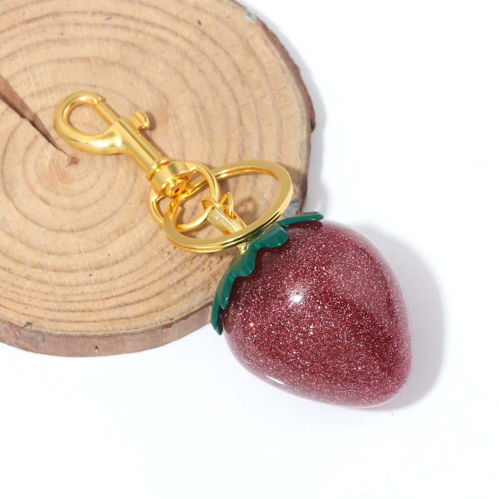 Oversized Sparkle Strawberry Keyring Charm - Gold - 1