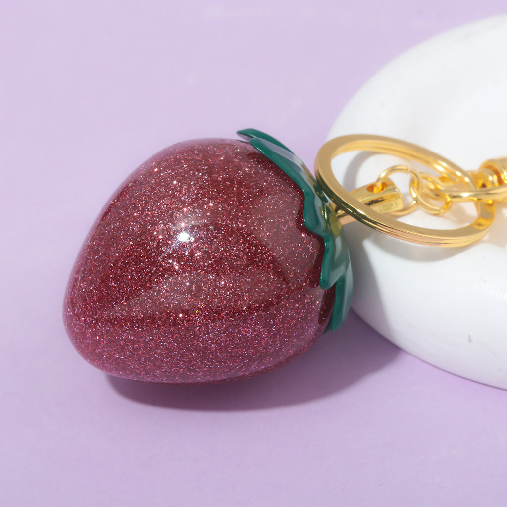 Oversized Sparkle Strawberry Keyring Charm - Gold - 2