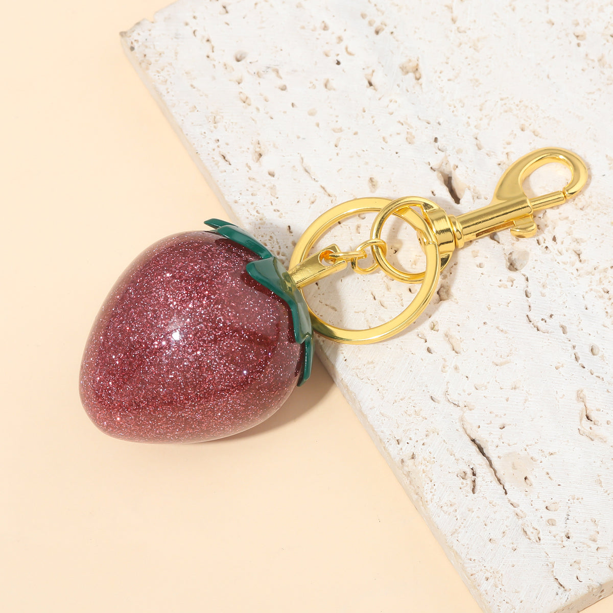Oversized Sparkle Strawberry Keyring Charm - Gold - 3