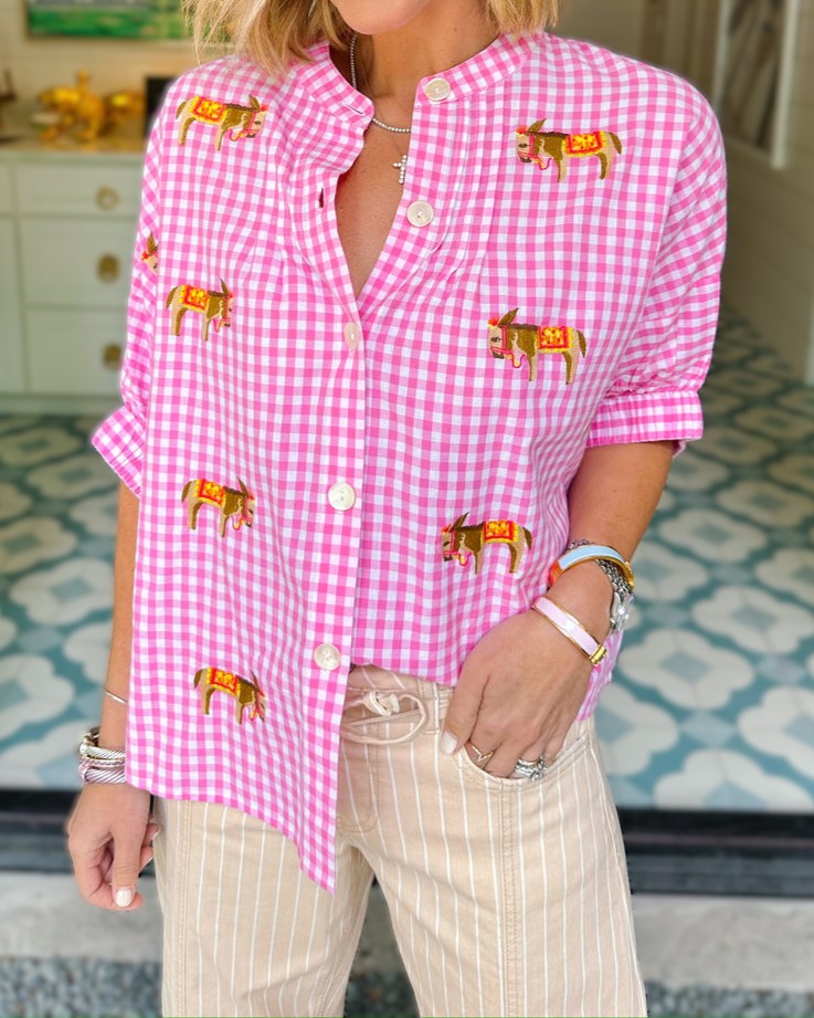 Equestrian Embroidered Gingham Check Blouse - Pink