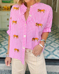 Equestrian Embroidered Gingham Check Blouse - Pink