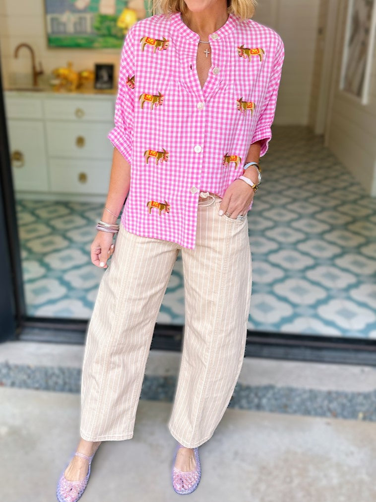Equestrian Embroidered Gingham Check Blouse - Pink - 1