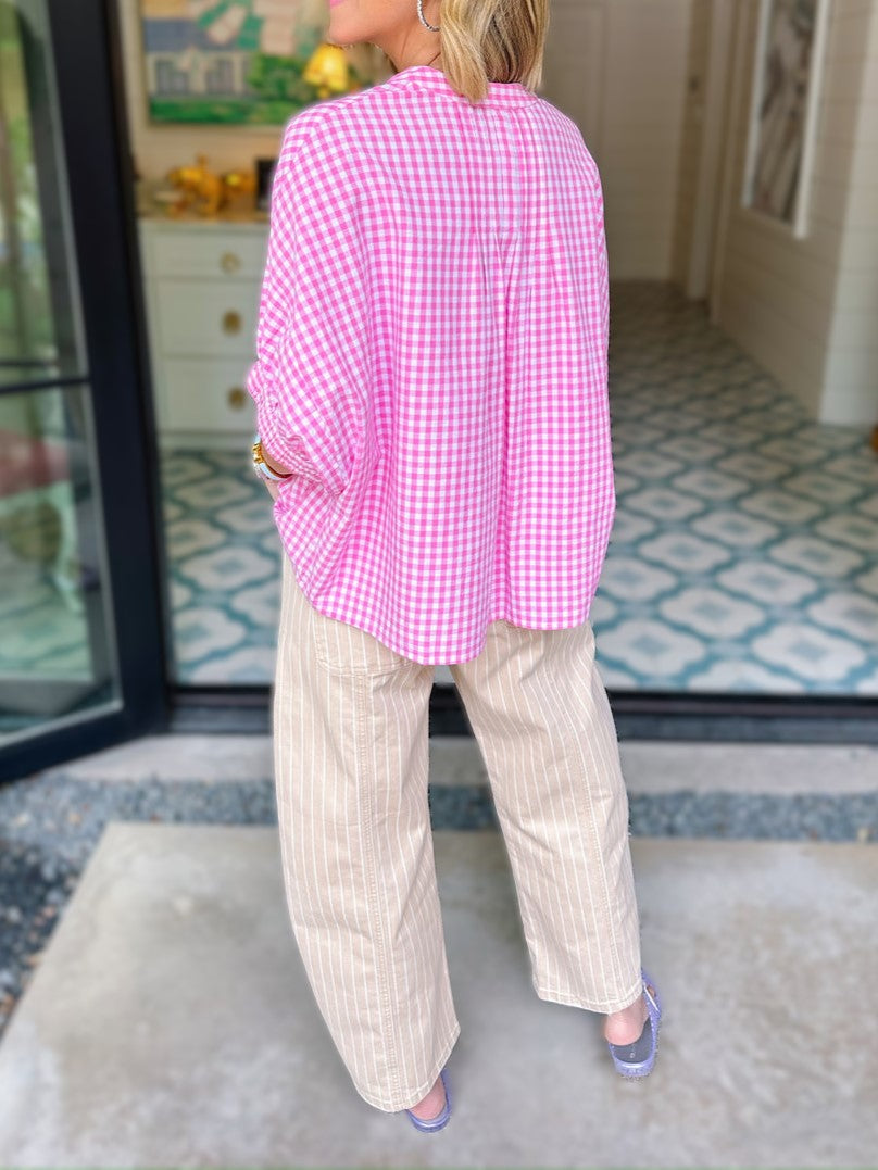 Equestrian Embroidered Gingham Check Blouse - Pink - 2