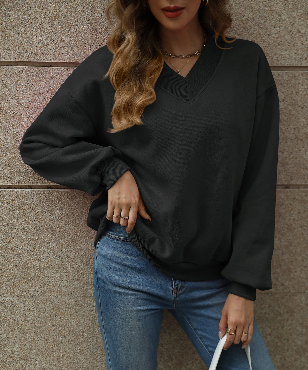 Oversized Drop Shoulder V-Neck Fleece Sweatshirt - Black