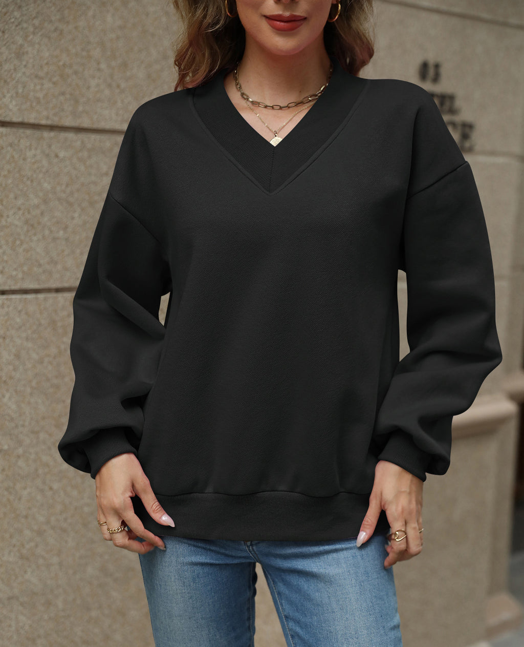 Oversized Drop Shoulder V-Neck Fleece Sweatshirt - Black - 1