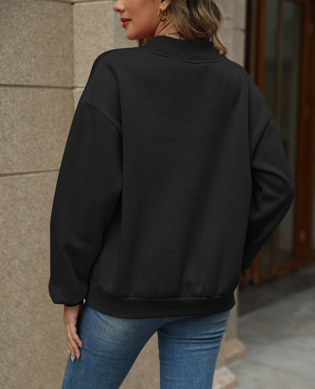 Oversized Drop Shoulder V-Neck Fleece Sweatshirt - Black - 2