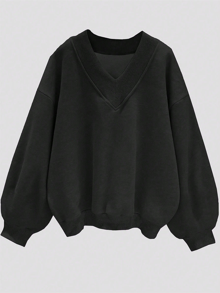 Oversized Drop Shoulder V-Neck Fleece Sweatshirt - Black - 3