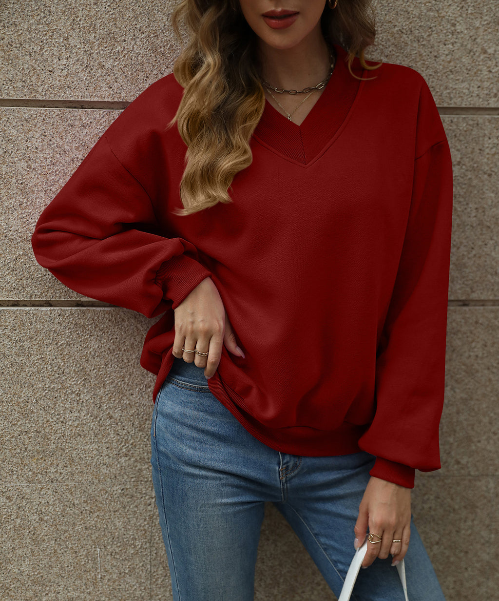 Oversized Drop Shoulder V-Neck Fleece Sweatshirt - Burgundy