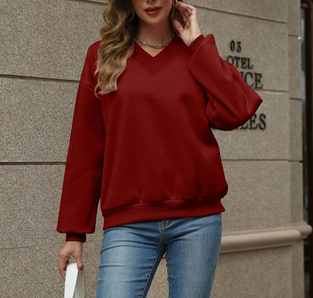 Oversized Drop Shoulder V-Neck Fleece Sweatshirt - Burgundy - 2