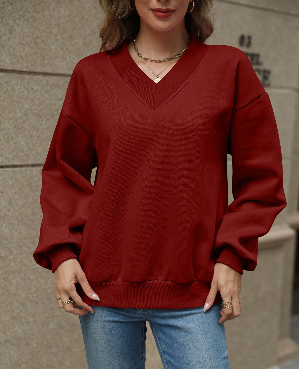 Oversized Drop Shoulder V-Neck Fleece Sweatshirt - Burgundy - 3