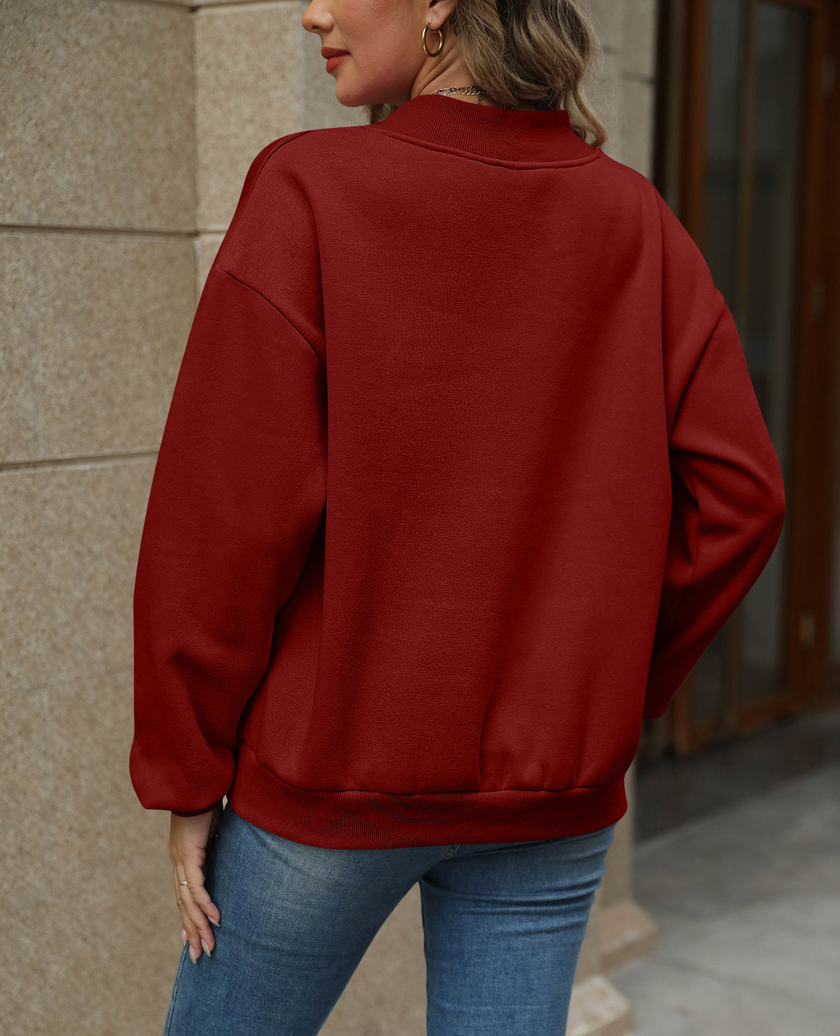 Oversized Drop Shoulder V-Neck Fleece Sweatshirt - Burgundy - 4