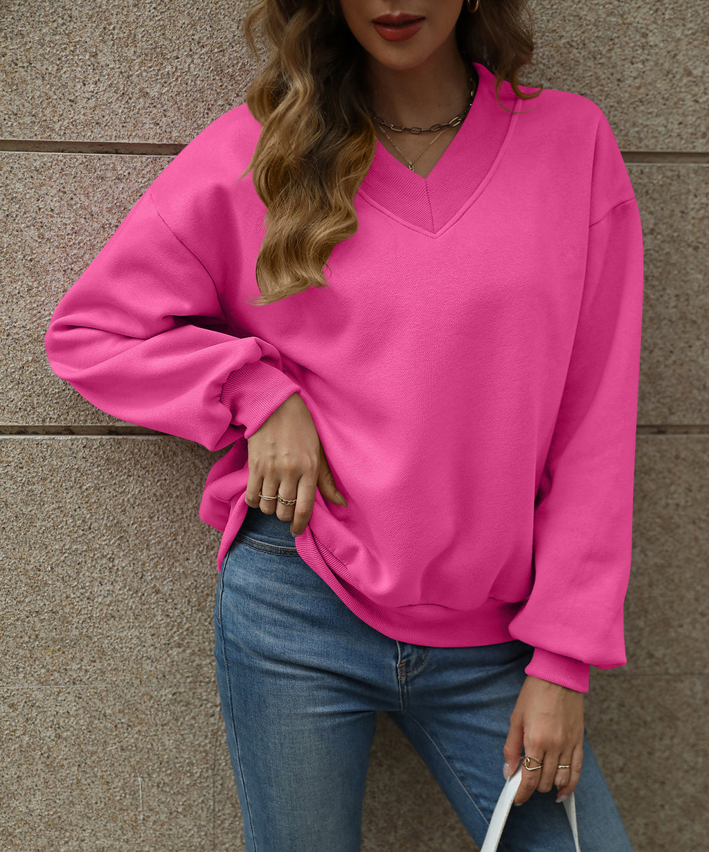 Oversized Drop Shoulder V-Neck Fleece Sweatshirt - Fuchsia