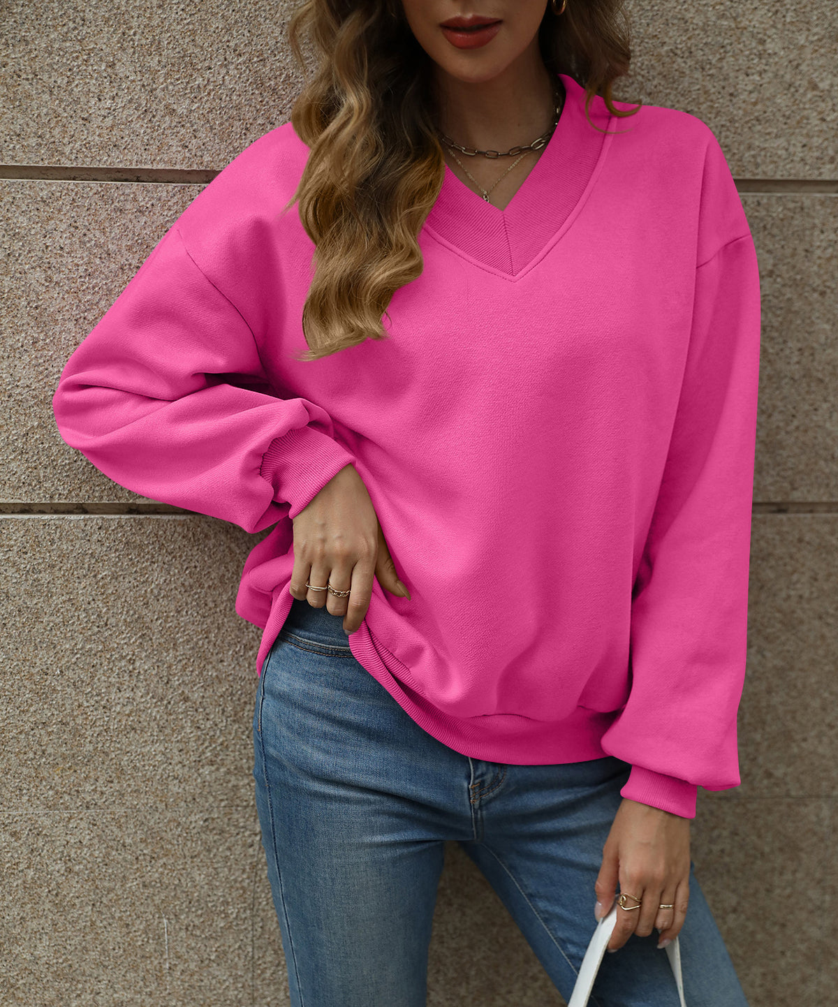 Oversized Drop Shoulder V-Neck Fleece Sweatshirt - Fuchsia