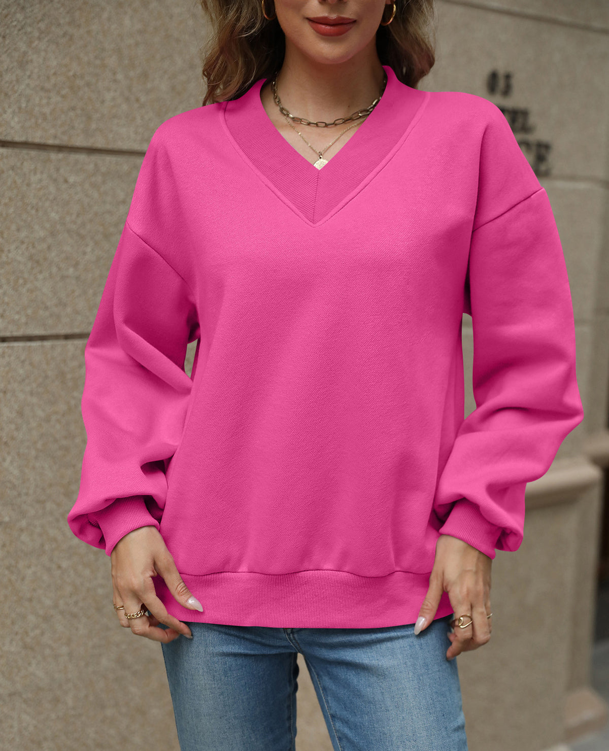 Oversized Drop Shoulder V-Neck Fleece Sweatshirt - Fuchsia - 1