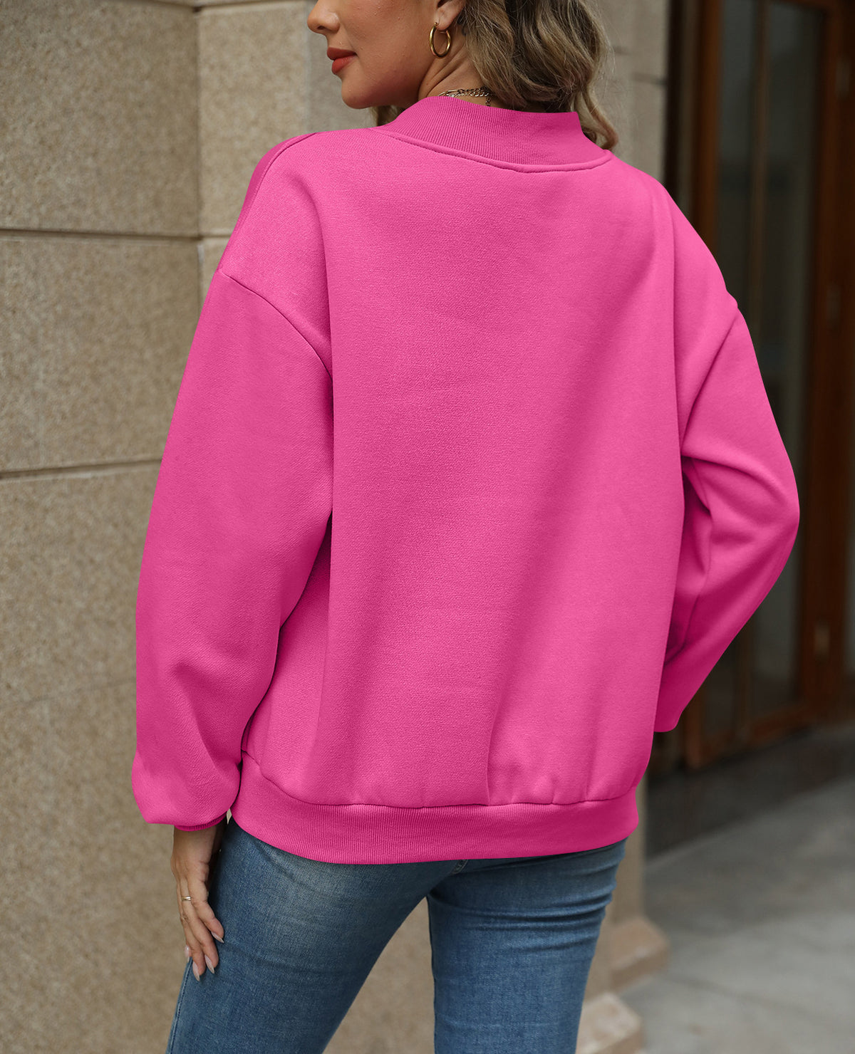 Oversized Drop Shoulder V-Neck Fleece Sweatshirt - Fuchsia - 2