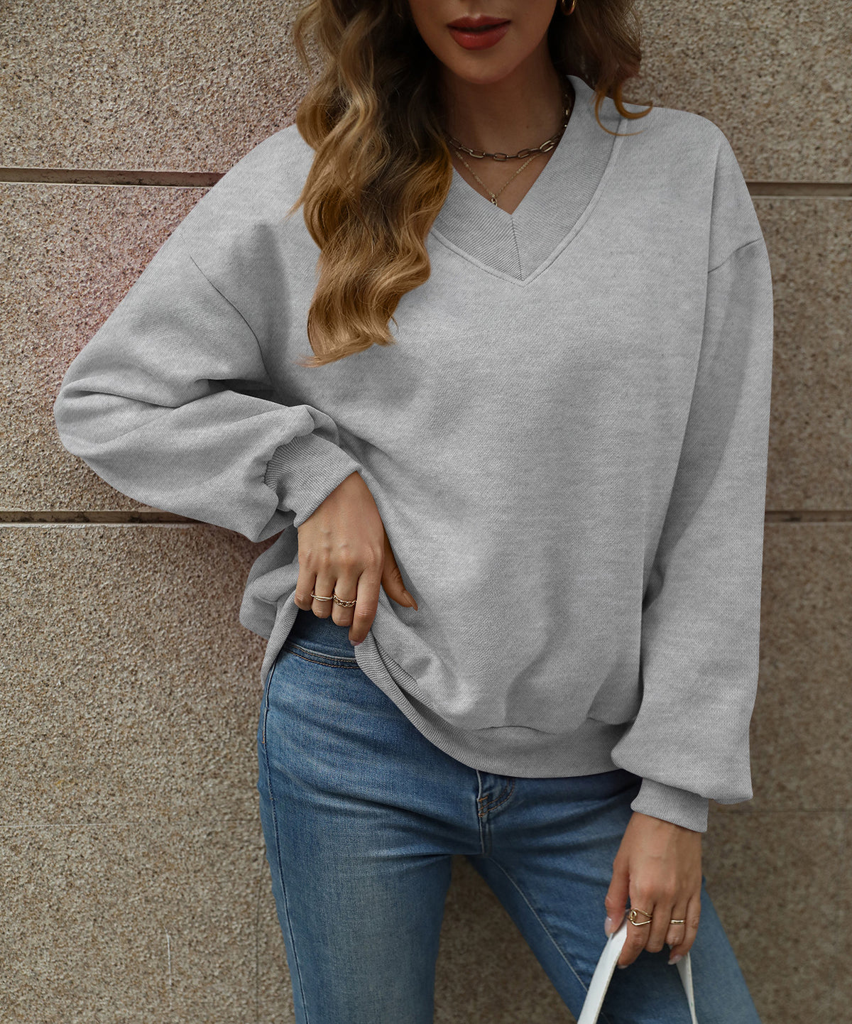 Oversized Drop Shoulder V-Neck Fleece Sweatshirt - Grey