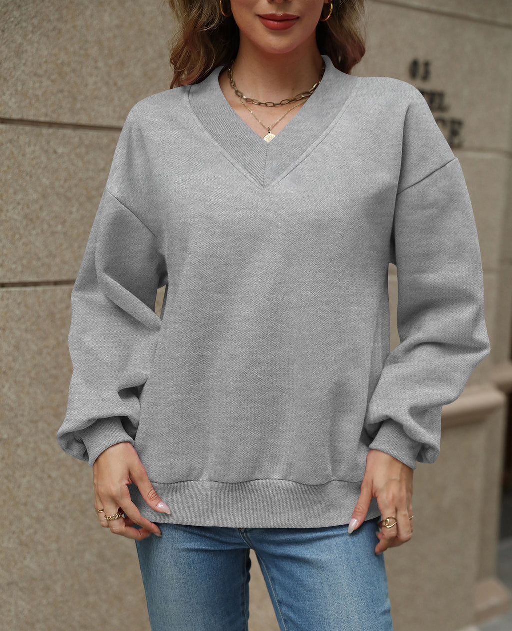 Oversized Drop Shoulder V-Neck Fleece Sweatshirt - Grey - 1