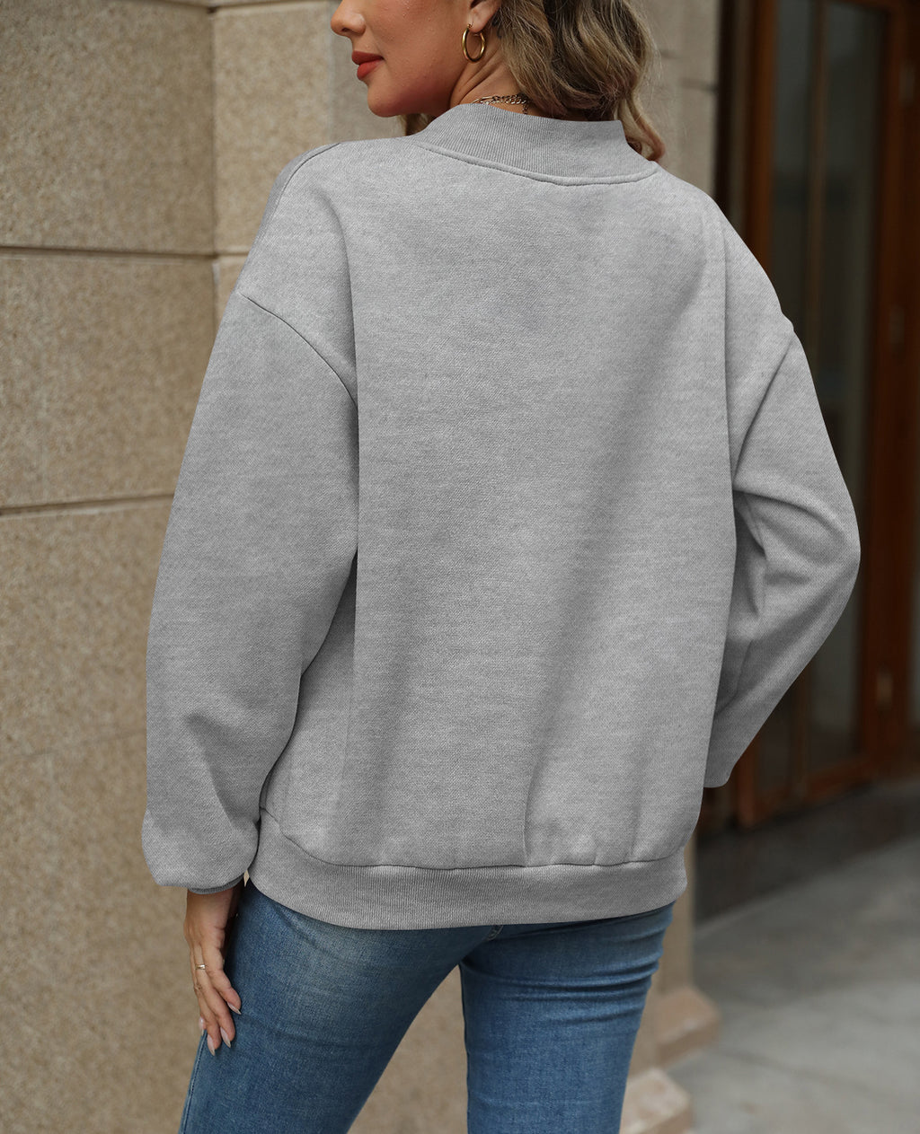 Oversized Drop Shoulder V-Neck Fleece Sweatshirt - Grey - 2