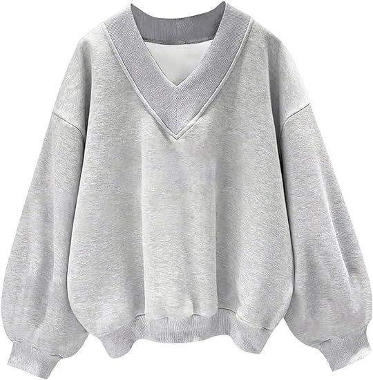 Oversized Drop Shoulder V-Neck Fleece Sweatshirt - Grey - 3