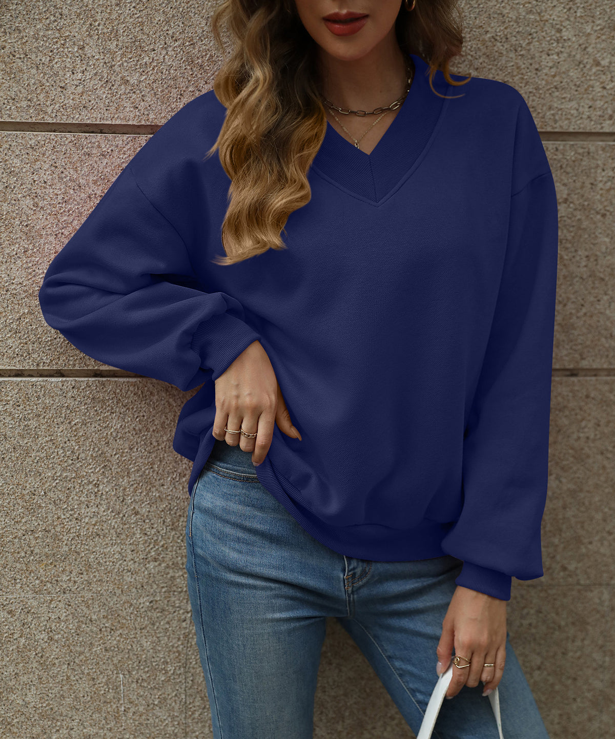 Oversized Drop Shoulder V-Neck Fleece Sweatshirt - Navy