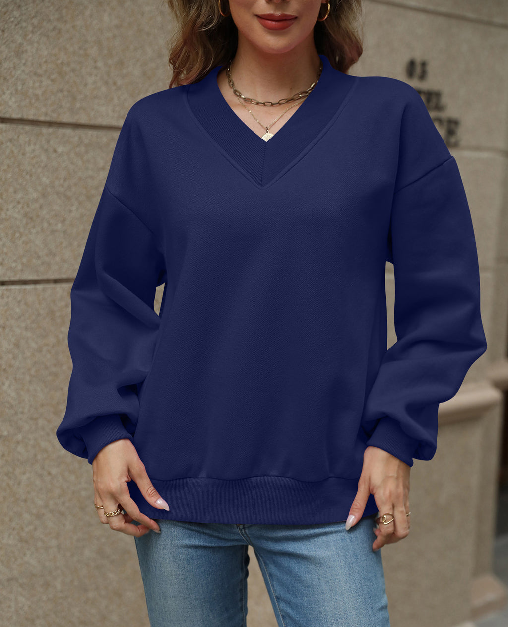 Oversized Drop Shoulder V-Neck Fleece Sweatshirt - Navy - 2