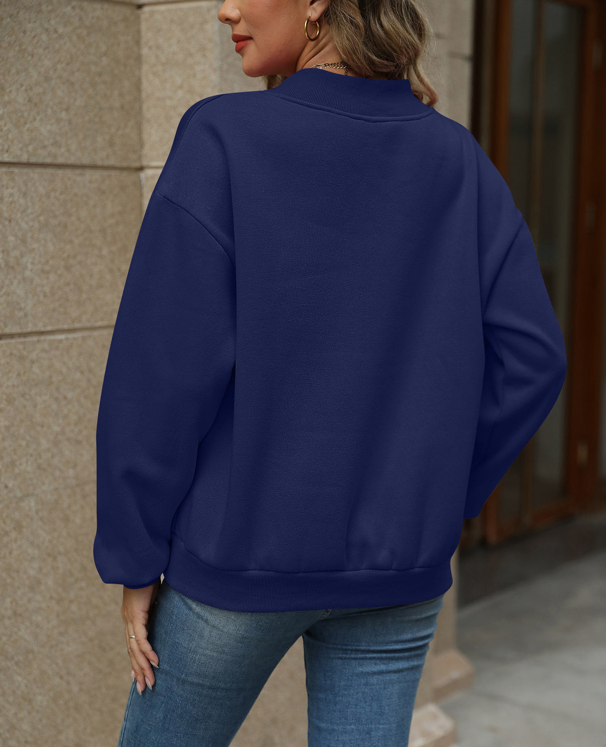 Oversized Drop Shoulder V-Neck Fleece Sweatshirt - Navy - 3