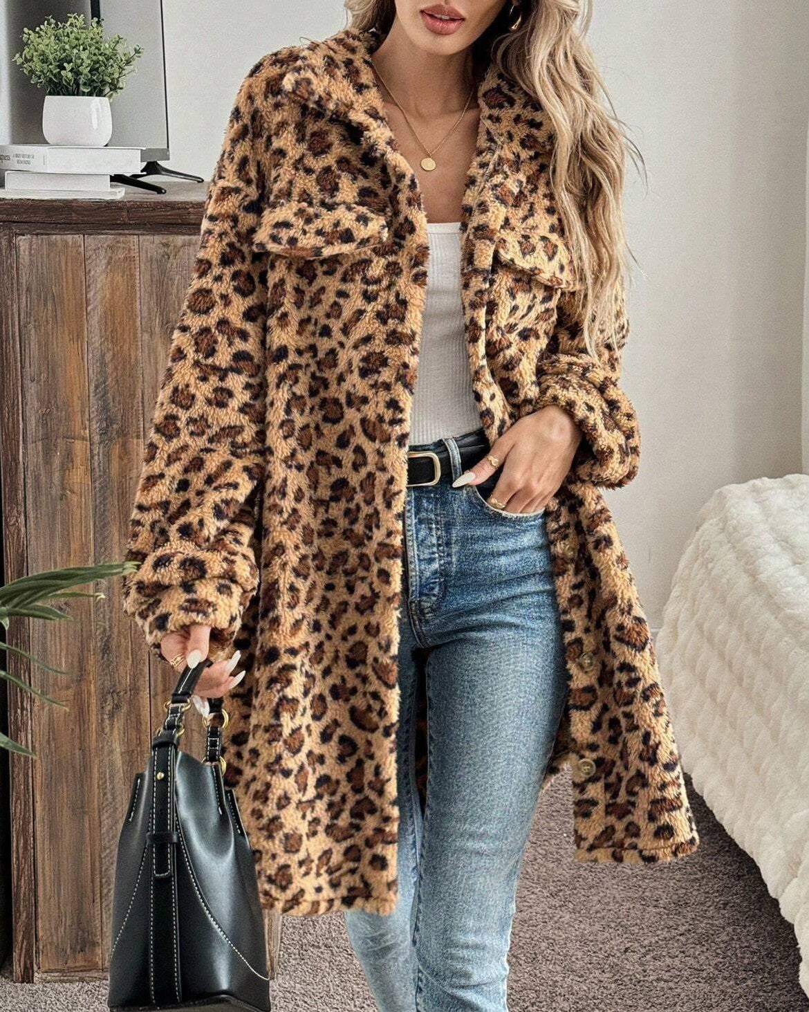 Longline Leopard Plush Teddy Jacket - Brown
