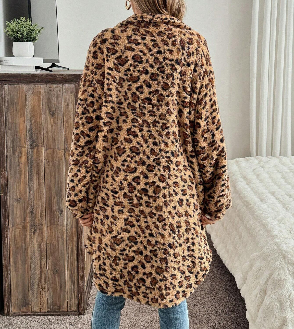 Longline Leopard Plush Teddy Jacket - Brown - 1