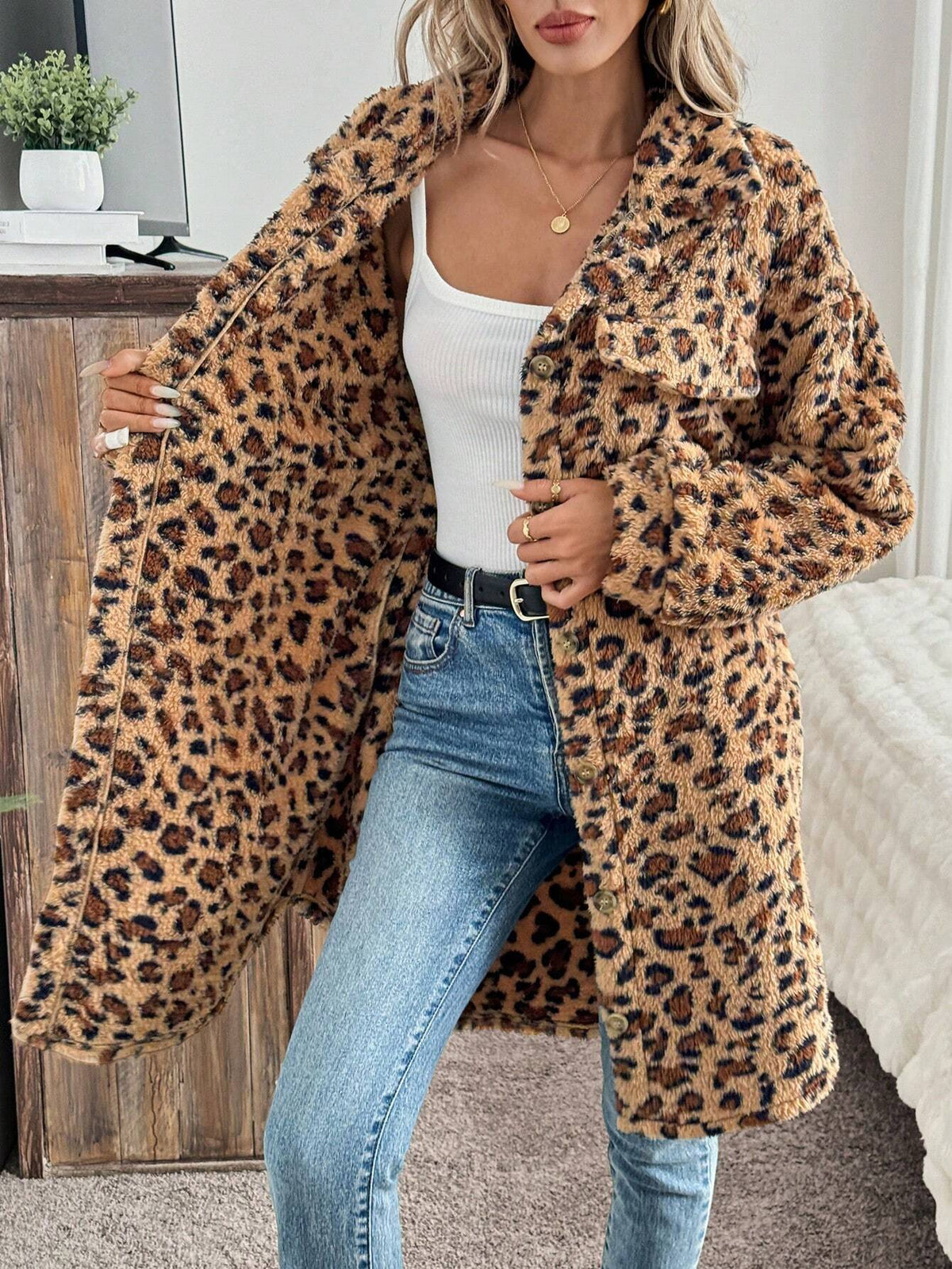 Longline Leopard Plush Teddy Jacket - Brown - 2