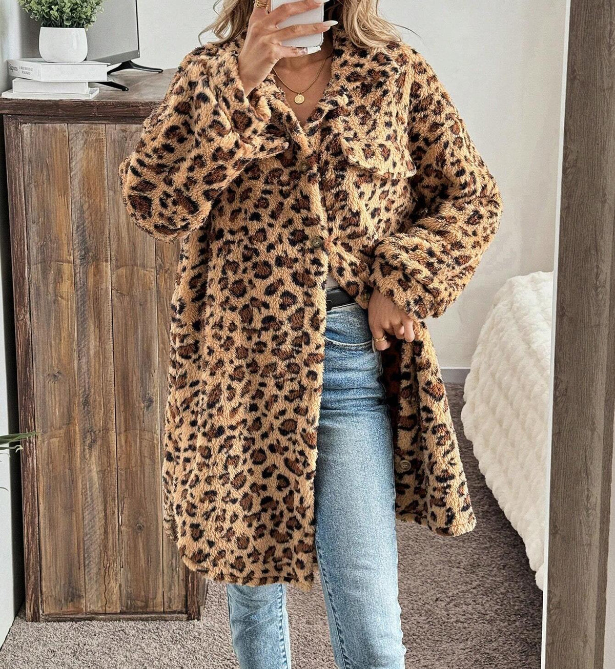 Longline Leopard Plush Teddy Jacket - Brown - 3
